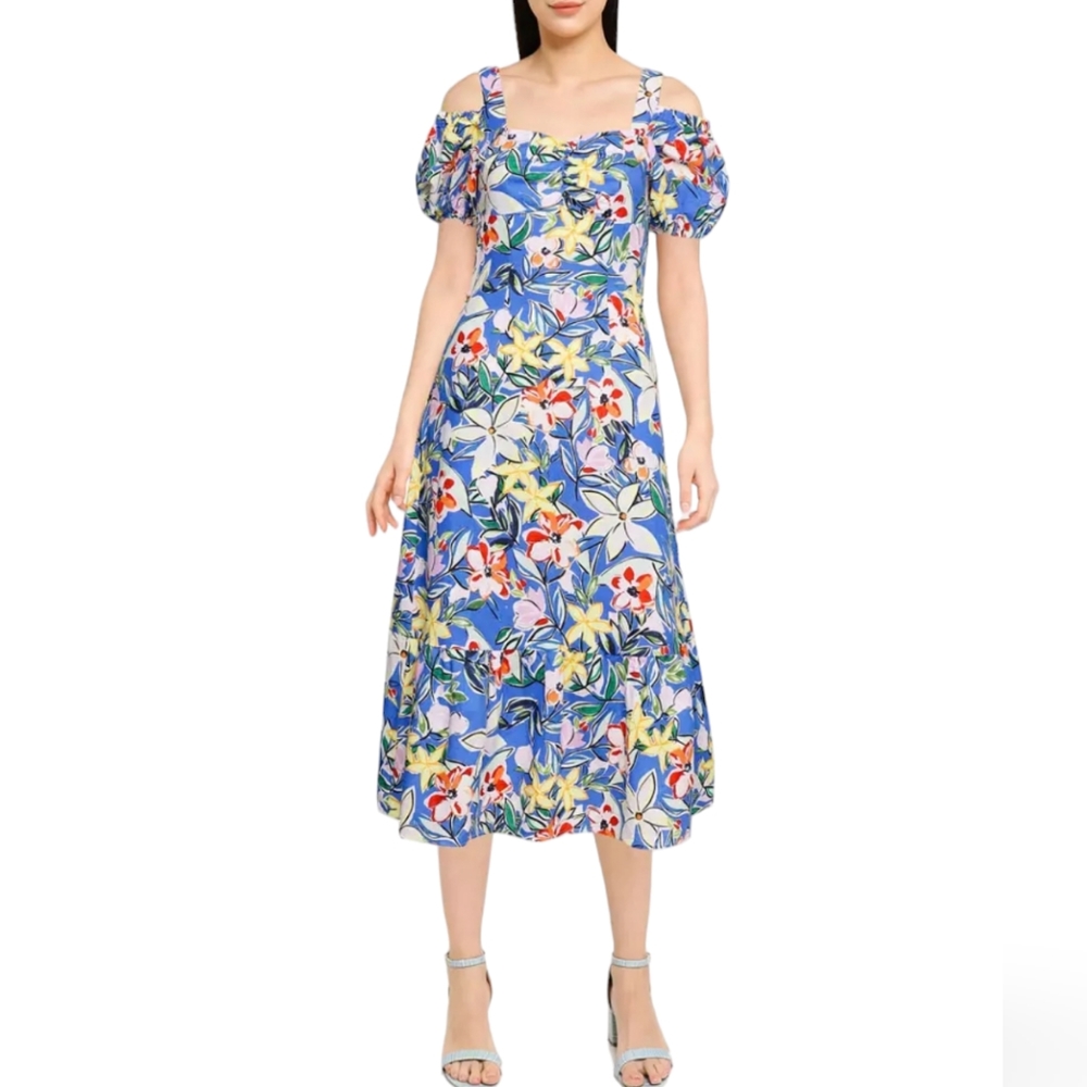 Sunday Up Multicolor‎ Floral Dress Cold Shoulder Ruffle Hem Size L Large
